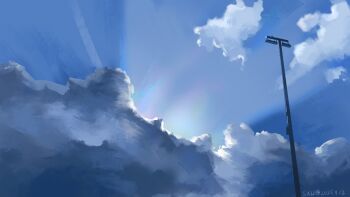 2025 absurdres artist_name blue_sky chinese_commentary cloud cloudy_sky commentary_request dated day highres lamppost light_rays mixed-language_commentary no_humans original outdoors scenery sky sky_focus sunbeam sunlight sxu@~@