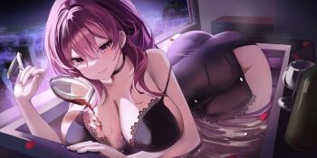 1girl absurdres alcohol alternate_costume ass bathtub bent_over cup drinking_glass highres honkai:_star_rail honkai_(series) kafka_(honkai:_star_rail) purple_eyes purple_hair red_wine silverrain_72 smile solo spilling water wine wine_glass