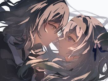 2girls black_gloves black_hairband blue_pants firefly_(honkai:_star_rail) gloves grey_hair hair_between_eyes hair_intakes hair_ornament hair_ribbon hairband highres honkai:_star_rail honkai_(series) imminent_kiss interlocked_fingers minutes_(minutes_draw) multicolored_eyes multicolored_hair multiple_girls pants ribbon shirt stelle_(honkai:_star_rail) strap trailblazer_(honkai:_star_rail) white_shirt yellow_eyes