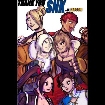 4girls blue_eyes brown_eyes brown_hair capcom chun-li coat dark-skinned_female dark_skin earrings formal_clothes hair_bun hair_ornament highres jacket jewelry ken_masters long_hair mature_(kof) medium_hair multiple_girls red_eyes red_hair shiranui_mai short_hair snk street_fighter tan taurence_bell terry_bogard the_king_of_fighters vice_(kof)