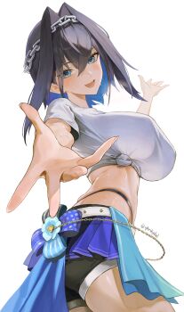 Rule 34 | 1girl, absurdres, alternate costume, ass, black shorts, blue eyes, blue hair, breasts, chain, chain headband, commentary, cropped shirt, english commentary, from below, from side, hair intakes, highleg, highleg panties, highres, hololive, hololive english, large breasts, looking at viewer, open mouth, ouro kronii, outstretched hand, panties, santafe99, shirt, short sleeves, shorts, solo, sweat, tied shirt, torso, twitter username, underwear, virtual youtuber, white background, white shirt