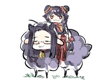 1boy 1girl :3 animalization bell black_hair blush chibi double_bun grass hair_bun horns jia_xichun_(project_moon) limbus_company neck_bell project_moon rectangular_eyewear red_eyes red_shrug riding riding_animal semi-rimless_eyewear sheep sheep_horns shoggoth_(sirens20211) shrug_(clothing) sidelocks wei_(project_moon) white_background