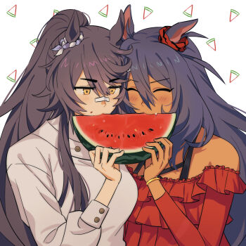 Rule 34 | 2girls, ^ ^, animal ears, bandaid, bandaid on face, bandaid on nose, bare shoulders, black hair, blue hair, blush, bracelet, breasts, closed eyes, commentary, dark-skinned female, dark skin, ear-to-ear, ear ornament, ear scrunchie, eating, fang, food, frilled shirt, frills, fruit, gold bracelet, hair between eyes, heads together, highres, hishi amazon (umamusume), holding, holding food, horse ears, horse girl, hwipa (param blue), jewelry, jitome, korean commentary, long hair, multiple girls, narita brian (umamusume), off-shoulder shirt, off shoulder, ponytail, red shirt, shared food, shirt, sidelocks, umamusume, upper body, watermelon, watermelon slice, white shirt, yellow eyes