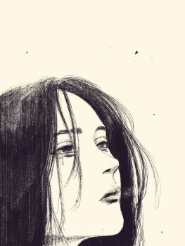 1girl black_hair brown_theme from_side greyscale highres long_hair looking_to_the_side monochrome original solo tp_p_pt white_background