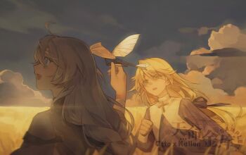 Rule 34 | 1boy, 1girl, aged down, ahoge, blonde hair, blue eyes, blue sky, braid, chinese commentary, clenched hand, cloud, cloudy sky, commentary request, couple, cross, dress, from side, grey hair, guyu972842, hair between eyes, hand up, happy, highres, holding, holding paper airplane, honkai (series), honkai impact 3rd, kallen kaslana, long hair, long sleeves, looking to the side, looking up, low-tied long hair, meadow, mixed-language commentary, open mouth, otto apocalypse, outdoors, paper airplane, shade, shaded face, single braid, sky, smile, standing, sunrise, wheat field