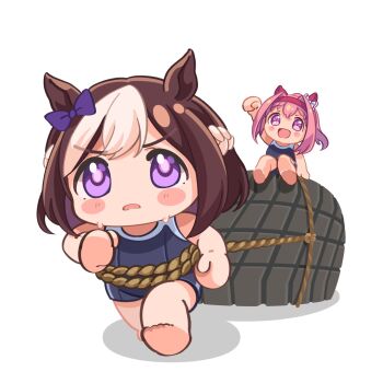 2girls :d animal_ears arm_up bare_arms bare_shoulders barefoot black_one-piece_swimsuit bow brown_hair chibi clenched_hand commentary ear_bow english_commentary flower-shaped_pupils hair_intakes hairband haru_urara_(umamusume) highres horse_ears mochiusasa multicolored_hair multiple_girls one-piece_swimsuit open_mouth pink_hair ponytail pulling purple_bow purple_eyes red_hairband rope shadow simple_background sitting smile soles special_week_(umamusume) sweat swimsuit symbol-shaped_pupils two-tone_hair umamusume unused_tire walking white_background white_hair