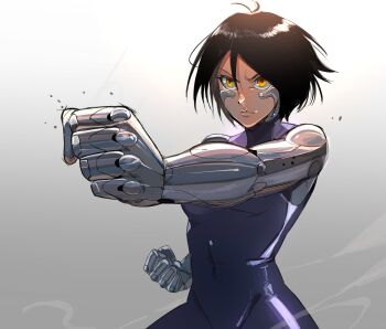 1girl alita antenna_hair battle_angel_alita black_hair clenched_hands commentary fighting_stance hair_between_eyes highres mechanical_arms orange_eyes raph_mavrost robot_girl short_hair solo
