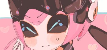 Rule 34 | 1girl, aria (zenless zone zero), black sclera, blue eyes, blush, closed eyes, closed mouth, colored sclera, commentary, english commentary, heart, humanoid robot, pink background, portrait, robot, robot girl, solo, sweatdrop, usa37107692, zenless zone zero