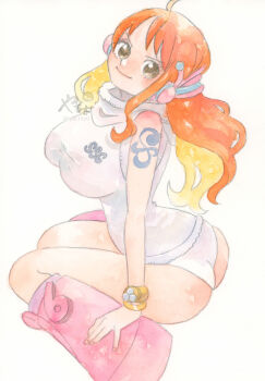 1girl 2025 absurdres ass bangle bare_shoulders boots bracelet breasts brown_eyes closed_mouth commentary_request from_side headphones highres hood hood_down hoodie jewelry large_breasts log_pose long_hair looking_at_viewer nami_(one_piece) nami_(one_piece)_(egghead) narrow_waist official_alternate_costume one_piece orange_hair panties pink_boots science_fiction shoulder_tattoo signature single_sidelock sitting sleeveless sleeveless_hoodie smile solo tattoo traditional_media twisted_torso underwear wariza wavy_hair white_background white_hoodie white_panties yachiy0