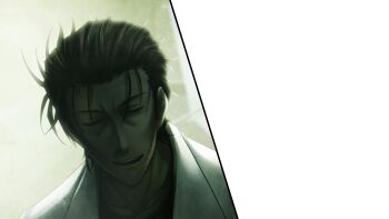 1boy aged_up black_hair closed_eyes facial_hair game_cg highres huke indoors lab_coat lamp messy_hair non-web_source official_art okabe_rintarou open_mouth science_adventure short_hair split_screen spoilers standing steins;gate steins;gate_0 stubble teeth transparent_background umbrella