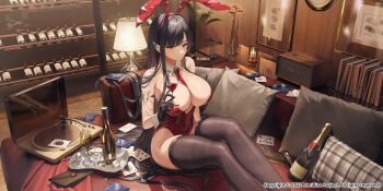 Rule 34 | 1girl, animal ears, bare shoulders, between breasts, black gloves, black thighhighs, bookshelf, bottle, breasts, card, clothes between breasts, commentary, copyright request, cup, detached collar, drinking glass, fake animal ears, gloves, hair behind ear, high heels, highres, ice, ice cube, illian-san, indoors, lamp, large breasts, leotard, letter, light smile, long hair, looking at viewer, madras (pattern), necktie, necktie between breasts, patent heels, patterned clothing, phonograph, pillow, playboy bunny, playing card, pumps, rabbit ears, red eyes, red leotard, red soles, sachi (meridian project), shoes, sitting, solo, stiletto heels, strapless, strapless leotard, thighhighs, tray, tree, untranslatable commentary, vinyl record, wine bottle, wine glass, wrist cuffs