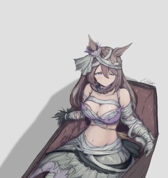 1girl animal_ears bandage_on_hair bandaged_arm bandaged_hand bandaged_head bandaged_torso bandages bandeau bare_shoulders breasts brown_hair cleavage closed_mouth coffin collarbone ear_scrunchie hair_between_eyes halloween halloween_costume highres horse_ears horse_girl horse_tail large_breasts long_hair looking_at_viewer mummy_costume navel official_alternate_costume one_eye_closed purple_bandeau purple_eyes rika-kiyoshi simple_background solo super_creek_(chiffon_ribbon_mummy)_(umamusume) super_creek_(umamusume) tail torn_bandages torn_bandeau umamusume very_long_hair