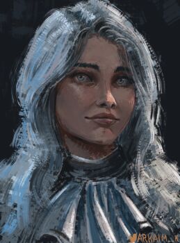 1girl absurdres arkaim artist_name ascot blue_eyes clair_obscur:_expedition_33 grey_eyes highres lips long_hair looking_at_viewer maelle_(clair_obscur:_expedition_33) nose solo spoilers twitter_logo upper_body white_ascot