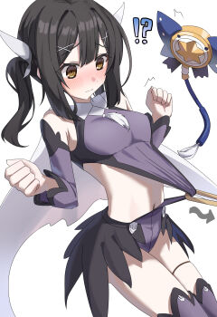 1girl absurdres back backless_outfit bare_back bare_shoulders black_hair blush breasts brown_eyes cape clothes_pull detached_sleeves fate/kaleid_liner_prisma_illya fate_(series) feather_hair_ornament feathers hair_ornament hairclip highres kaleidostick leotard loli long_hair magical_girl magical_sapphire meganeko10_6 miyu_edelfelt miyu_edelfelt_(magical_girl) purple_leotard purple_sleeves purple_thighhighs sidelocks small_breasts solo thighhighs twintails white_cape