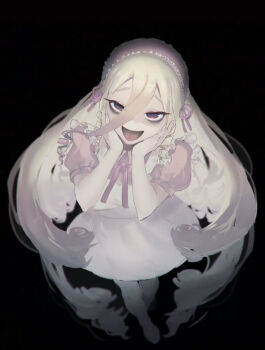 Rule 34 | 1girl, apron, bad id, bad pixiv id, bags under eyes, black background, blonde hair, commentary request, dress, drill hair, foreshortening, hairband, half-closed eyes, hands on own cheeks, hands on own face, hands up, head tilt, indie virtual youtuber, kazo (apap023451), lolita hairband, long hair, looking at viewer, missing commentary, pink hairband, puffy short sleeves, puffy sleeves, purple eyes, short dress, short sleeves, smile, solo, standing, tanba toshio, very long hair, virtual youtuber, white apron