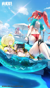 Rule 34 | 3girls, :p, ahoge, aqua hairband, ass, asymmetrical pasties, ball, beach umbrella, beachball, bikini, blonde hair, blurry, breasts, choker, cleavage, climbing ladder, clothes lift, clothing cutout, cloud, cropped, curvy, day, depth of field, dorothy (nikke), dorothy (serendipity) (nikke), elegg (boom and shock) (nikke), elegg (nikke), flower-shaped hair, game cg, game controller nipples (meme), game controller print, goddess of victory: nikke, hair intakes, hair over eyes, hairband, handheld game console, highres, huge ass, large breasts, lens flare, long hair, medium breasts, meme, multiple girls, navel, official alternate costume, official alternate design, official art, one-piece swimsuit, partially underwater shot, pink hair, ponytail, pool ladder, rapi (nikke), rapi (red hood) (nikke), rapi (red hood) (red flavor) (nikke), red bikini, red eyes, red hair, see-through slingshot swimsuit, shiny skin, shirt, shirt lift, short hair, sidelocks, skindentation, slingshot swimsuit, smile, spoilers, swimsuit, thighs, thong, thong bikini, tongue, tongue out, umbrella, watermark, wet, wide hips, yellow one-piece swimsuit, yellow slingshot swimsuit