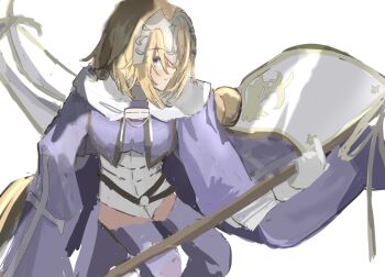 Rule 34 | 1girl, blonde hair, blue eyes, commentary request, fate/apocrypha, fate (series), flag, headpiece, highres, jeanne d'arc (fate), jeanne d'arc (ruler) (fate), long hair, looking at viewer, luminosite eternelle, smile, sword of st. catherine (fate), very long hair