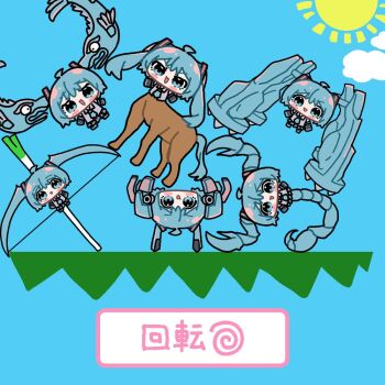 6+girls arrow_(projectile) blue_eyes blue_hair bow_(weapon) centaur chibi chibi_only commentary_request fish gen_3_pokemon hatsune_miku long_hair looking_at_viewer metagross multiple_girls nintendo open_mouth pokemon scorpion spring_onion sun taur twintails vocaloid weapon what yukkuri_yuduki