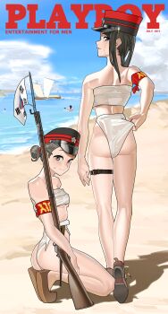 2girls absurdres armband ass back backboob bayonet beach belt bikini bikini_day black_hair blue_eyes blue_sky blush boat body_freckles bolt_action boots breasts brown_eyes brown_footwear chest_sarashi cloud day english_text freckles from_behind full_body grey_hair gun hair_bun hair_tie hat highres holding holding_gun holding_weapon horizon imperial_korean_army imperial_korean_flag kneeling korea korean_empire long_hair looking_at_viewer looking_back median_furrow military military_hat multiple_girls ocean old-fashioned_swimsuit original outdoors panties panty_pull peaked_cap pzkpfwi rifle sail sand sarashi shine ship shoulder_blades single_hair_bun sky small_breasts standing sweat sweatdrop swimsuit thighs underboob underwear water watercraft waves weapon wet wet_clothes white_bikini