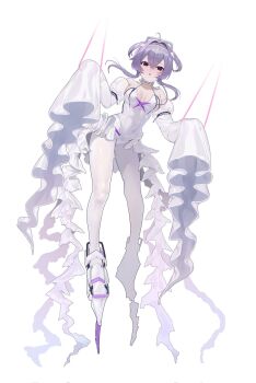 1girl ahoge armored_boots blush boots collar covered_navel detached_sleeves frills fujisaki_subaru full_body goddess_of_victory:_nikke hair_between_eyes hair_intakes hands_up headgear highres leotard liberalio_(nikke) looking_at_viewer pantyhose parted_lips purple_hair red_eyes shiny_clothes short_hair_with_long_locks sleeves_past_fingers sleeves_past_wrists solo two_side_up white_background white_collar white_leotard white_pantyhose white_sleeves