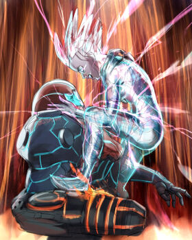 2girls arm_cannon armor assault_visor commentary energy english_commentary evil_smile face-to-face fighting gandrayda helmet highres metroid metroid_prime_3:_corruption multiple_girls neon_trim nintendo power_armor samus_aran see-through_body shoulder_armor smile stup-jam weapon