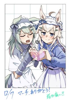 Rule 34 | 2girls, absurdres, animal ears, arm up, blue eyes, blue hair, blue jacket, blush, closed eyes, closed mouth, collared jacket, commentary request, embarrassed, fujimasa march (umamusume), grabbing another's hand, green arm warmers, green jacket, grey hair, hair ornament, hairclip, hand up, hands up, heart, heart hands, heart hands duo, highres, horse ears, horse girl, horse tail, jacket, jersey maid, kakuteru sudachi, long hair, long sleeves, looking at viewer, maid, maid headdress, multicolored hair, multiple girls, nervous sweating, oguri cap (umamusume), open mouth, solo, split mouth, streaked hair, sweat, tail, trembling, umamusume, unconventional maid, very long hair