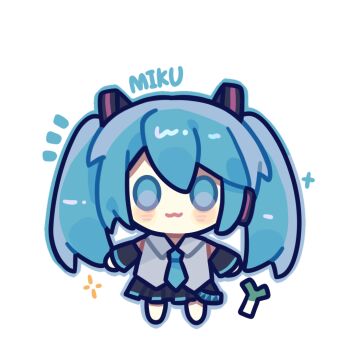 1girl :3 bare_shoulders barefoot belt black_skirt black_sleeves blue_belt blue_eyes blue_hair blue_necktie blue_outline blush_stickers chibi chinese_commentary closed_mouth collared_shirt commentary_request detached_sleeves gradient_outline grey_shirt hair_between_eyes hair_ornament happy hatsune_miku headphones long_hair long_sleeves looking_at_viewer miniskirt necktie notice_lines outline pleated_skirt print_belt shirt simple_background skirt sleeveless sleeveless_shirt smile solid_oval_eyes solo sparkle spring_onion standing straight-on triangle_print twintails vocaloid white_background xianyu_fish