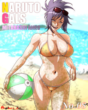 1girl absurdres adjusting_clothes adjusting_swimsuit ball beach beachball bikini breasts character_name collarbone copyright_name cowboy_shot curvy english_text grey_eyes highres holding holding_ball holding_beachball large_breasts looking_at_viewer mitarashi_anko naruto_(classic) naruto_(series) navel purple_hair saburo_des sand sand_on_skin shiny_skin smile sunglasses swimsuit thong thong_bikini wide_hips yellow_bikini