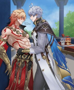 2boys antenna_hair arm_tattoo armlet armor artist_name black_coat black_gloves black_shirt blonde_hair blue_eyes braid chest_tattoo chimera_(honkai:_star_rail) choker clawed_gauntlets coat earrings facial_tattoo fingerless_gloves gloves gold_earrings gold_necklace gradient_hair highres honkai:_star_rail honkai_(series) jewelry male_focus medium_hair multicolored_hair multiple_boys muscular muscular_male mydei_(fig_stew)_(honkai:_star_rail) mydei_(honkai:_star_rail) neck_tattoo necklace nemui_mori open_clothes open_coat parted_bangs pauldrons phainon_(honkai:_star_rail) phainon_(vigethos)_(honkai:_star_rail) red_hair red_tattoo shirt short_hair shoulder_armor side_braid single_pauldron tattoo white_coat white_hair yaoi yellow_eyes