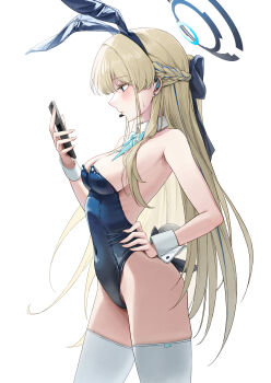 1girl 4meart0112 absurdres animal_ear_hairband animal_ears aqua_bow aqua_bowtie blonde_hair blue_archive blue_hairband blue_halo blue_leotard blue_streaks blush bow bowtie breasts cellphone collar commentary covered_navel cowboy_shot detached_collar fake_animal_ears fake_tail fingernails from_side hairband halo hand_on_own_hip headset highleg highleg_leotard highres holding holding_phone large_breasts leotard long_hair looking_at_phone multicolored_hair official_alternate_costume phone playboy_bunny rabbit_ear_hairband rabbit_ears rabbit_tail simple_background smartphone solo standing strapless strapless_leotard streaked_hair tail thighhighs toki_(blue_archive) toki_(bunny)_(blue_archive) white_background white_collar white_thighhighs white_wrist_cuffs wrist_cuffs