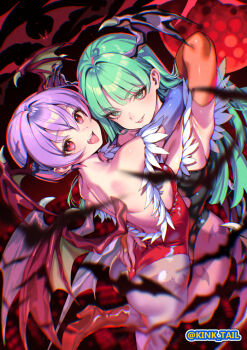 2girls animal_print arm_behind_head armpits artist_name bare_shoulders bat_print black_leotard breasts cleavage commentary_request darkstalkers elbow_gloves fang gloves green_eyes green_hair grey_pantyhose grin head_wings highleg highleg_leotard hug kink_(tortoiseshell) large_breasts leotard lilith_(darkstalkers) long_hair looking_at_viewer morrigan_aensland multiple_girls open_mouth orange_gloves orange_nails pantyhose print_pantyhose purple_gloves purple_hair purple_pantyhose purple_wings red_eyes red_leotard red_shoes red_wings shoes short_hair smile strapless strapless_leotard wings