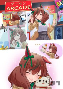 1girl absurdres animal_ears arcade arcade_cabinet bemani black_skirt blush bow breasts brown_eyes brown_hair closed_eyes closed_mouth coat crane_game dance_dance_revolution dancing ear_bow ear_covers ear_ribbon green_bow green_neckerchief highres holding horse_ears horse_girl horse_tail jtleeklm long_sleeves maneki-neko medium_hair multicolored_hair musical_note neckerchief nice_nature_(umamusume) one_eye_closed open_clothes open_coat open_mouth shirt skirt smile streaked_hair taiko_no_tatsujin tail tail_wagging twintails umamusume white_shirt