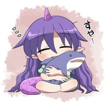 1girl barefoot blush chibi chibi_only closed_eyes commentary_request full_body green_shirt green_shorts horns long_hair open_mouth pointy_ears purple_hair rokugou_daisuke shirt short_sleeves shorts signature single_horn sitting sleeping solo squeans stuffed_animal stuffed_shark stuffed_toy tail tenkajin_chiyari touhou