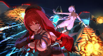 2girls absurdres ass bad_anatomy bad_hands bandolier battle belt black_gloves black_hat bodysuit breasts building cinderella_(nikke) clothing_cutout detached_collar explosion fire gloves goddess_of_victory:_nikke hat highres jacket large_breasts laser long_hair multiple_girls nekoten night open_mouth outdoors rapi_(nikke) rapi_(red_hood)_(nikke) rapture_(nikke) red_eyes red_hair sky twintails very_long_hair white_bodysuit white_hair