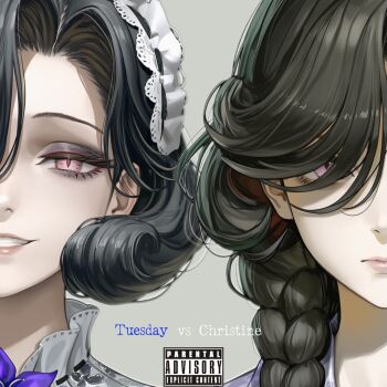 2girls black_hair dual_persona english_text eyes_visible_through_hair flower grey_background grin hair_over_one_eye long_braid maid_headdress multiple_girls neck_flower pink_eyes portrait purple_flower reverse:1999 short_hair smile teeth tuesday_(reverse:1999) tuesdayzz
