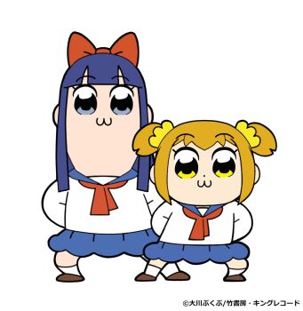 2girls 3d :3 arms_behind_back bkub_(style) blue_eyes blue_hair blue_sailor_collar blue_skirt blunt_bangs bow brown_shoes commentary_request dot_nose hair_bow highres legs_apart long_hair looking_at_viewer multiple_girls neckerchief official_art orange_hair pipimi poptepipic poptepipic_pose popuko red_bow red_neckerchief sailor_collar school_uniform scrunchie serafuku shirt shoes short_hair short_twintails sidelocks simple_background skirt socks standing twintails two_side_up white_background white_shirt white_socks yellow_eyes yellow_scrunchie