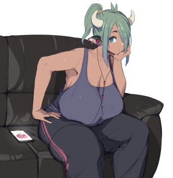 1girl animal_ears blue_eyes breasts breasts_on_lap cable_divider casual cellphone cleavage commentary_request couch cow_ears cow_girl cow_horns curvy dark-skinned_female dark_skin earbuds earphones earrings eyes_visible_through_hair female_focus green_eyes green_hair hand_on_own_hip head_rest horns huge_breasts jewelry leaning_forward listening_to_music no_bra original pants phone ponytail sagging_breasts short_hair short_ponytail sitting sketch smartphone solo sweatpants tank_top thick_eyebrows thick_thighs thighs toyosaka_momo_(nekoarashi) white_background yana_(nekoarashi)