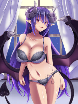 1girl bare_arms bare_shoulders bra breasts cleavage collarbone commentary_request curled_horns curtains demon_girl demon_horns demon_tail demon_wings earrings hair_between_eyes heart heart_earrings highres horns jewelry large_breasts leg_tattoo lingerie long_hair looking_at_viewer monster_girl_encyclopedia nail_polish navel night panties parted_lips pointy_ears print_bra print_panties purple_hair red_eyes seductive_smile segmented_horns smile sogegin solo spider_web_print succubus_(monster_girl_encyclopedia) tail tattoo underwear underwear_only very_long_hair window wings