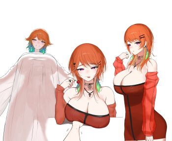 1girl alternate_breast_size_(larger) alternate_costume armpit_crease bare_shoulders black_choker black_ribbon blush breasts cherry choker cleavage colored_inner_hair commentary cross cross_necklace detached_sleeves dress earrings feather_earrings feathers food fruit gradient_hair hair_ornament heart heart_hair_ornament highres holding holding_food holding_fruit hololive hololive_english huge_breasts jewelry licking_lips long_sleeves looking_at_viewer medium_hair mulhubs multicolored_hair multiple_views necklace orange_hair parted_bangs parted_lips pov pov_hands purple_eyes red_dress ribbon ribbon_choker ring see-through_clothes see-through_silhouette simple_background smile strapless strapless_dress swept_bangs symbol-only_commentary takanashi_kiara tasty_(takanashi_kiara) tongue tongue_out virtual_youtuber white_background x_hair_ornament