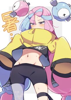 1girl absurdres black_shorts blue_hair blush bow-shaped_hair character_hair_ornament commentary_request grey_pantyhose groin hair_ornament hexagon_print highres iono_(pokemon) jacket long_hair long_sleeves midriff multicolored_hair navel nintendo pantyhose pantyhose_under_shorts pink_hair piyo_to_game pokemon pokemon_scarlet_and_violet shorts single_leg_pantyhose sleeves_past_fingers sleeves_past_wrists solo split-color_hair sweat two-tone_hair yellow_jacket