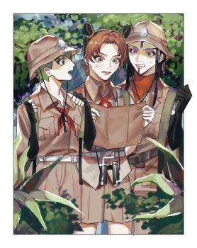 Rule 34 | 3girls, binoculars, border, braid, braided ponytail, commentary, double bun, dreadlocks, ermes costello, foo fighters (jojo), green eyes, green hair, hair bun, holding, holding map, jojo no kimyou na bouken, kuujou jolyne, long hair, map, masakenme, multicolored hair, multiple girls, short hair, stone ocean, sweat, two-tone hair, white border