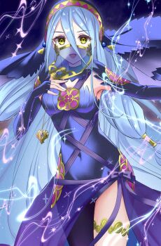 1girl armpits asymmetrical_legwear azura_(fire_emblem) azura_(lady_of_ballads)_(fire_emblem) bare_shoulders black_dress blue_hair blue_panties breasts commentary_request covered_navel dress elbow_gloves fingerless_gloves fire_emblem fire_emblem_fates fire_emblem_heroes gloves hair_between_eyes hands_up jewelry kakiko210 long_hair looking_at_viewer medium_breasts mouth_veil nintendo official_alternate_costume open_mouth panties see-through_clothes see-through_veil smile solo thighlet thighs underwear veil very_long_hair yellow_eyes