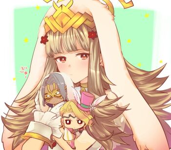 1girl 2boys animal_ears blonde_hair brother_and_sister bruno_(fire_emblem) circlet closed_mouth dark-skinned_male dark_skin fake_animal_ears fire_emblem fire_emblem_fates fire_emblem_heroes gloves grey_hair hair_ornament hat holding long_hair mask multiple_boys nintendo rabbit_ears red_eyes short_hair siblings simple_background sou_mei top_hat upper_body veronica_(fire_emblem) veronica_(spring)_(fire_emblem) white_gloves xander_(fire_emblem) xander_(spring_prince)_(fire_emblem)