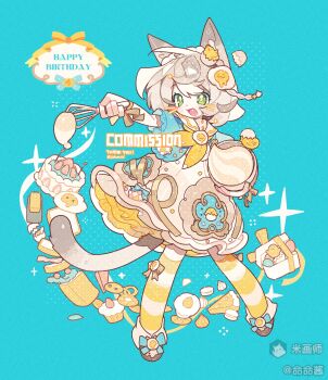 1girl :d animal_ear_fluff animal_ears blue_background blue_shirt brown_shoes cake cat_ears cat_girl cat_tail commission drawn_whiskers dress fang food full_body green_eyes grey_hair happy_birthday highres holding holding_whisk macaron meimei_(wakamoid) mihuashi_username neckerchief open_mouth original outstretched_arm sailor_collar sailor_dress shirt shoes short_hair smile socks solo standing striped_clothes striped_socks tail whisk white_dress white_sailor_collar yellow_neckerchief yellow_socks