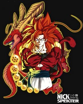 1boy blue_eyes blue_sash body_fur dragon dragon_ball dragon_ball_gt eastern_dragon gogeta highres long_hair looking_at_viewer male_focus metamoran_vest monkey_boy monkey_tail muscular muscular_male nickelespektro open_mouth pants pectorals red_fur red_hair saiyan sash smile solo spiked_hair super_saiyan super_saiyan_4 tail teeth ultimate_shenron white_pants