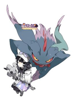 1girl black_hair character_request colored_sclera commission fingerless_gloves flutter_mane from_above full_body gloves grey_gloves hat highres jacket nintendo pokemon pokemon_(creature) purple_skirt red_sclera simple_background sitting skirt white_background white_hair white_hat white_jacket wulie_errr yellow_background