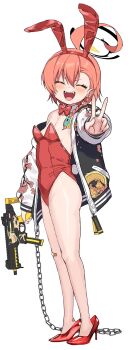 1girl :d ^_^ ahoge animal_ears bare_legs bare_shoulders black_halo blue_archive blush bow bowtie braid breasts cleavage closed_eyes commentary_request fake_animal_ears fake_tail fangs full_body halo highres huge_ahoge leotard mole mole_under_each_eye mole_under_eye multiple_moles neru_(blue_archive) neru_(bunny)_(blue_archive) official_alternate_costume open_mouth playboy_bunny rabbit_ears rabbit_tail red_bow red_bowtie red_hair red_leotard red_shoes shigeta_(yankeehamama) shoes single_braid small_breasts smile solo standing tail teeth upper_teeth_only v