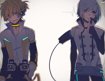 2boys bare_shoulders blonde_hair detached_sleeves grey_hair grin headphones hikusa kagamine_len kagamine_len_(append) male_focus multiple_boys navel ponytail popped_collar shirt short_hair short_ponytail simple_background sleeveless smile utatane_piko vocaloid vocaloid_append white_background white_shirt