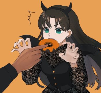 1boy 1girl animal_ears aqua_eyes archer_(fate) black_hair breasts claw_pose commentary_request dark-skinned_male dark_skin donut fake_animal_ears fake_horns fake_wings fangs fate/stay_night fate_(series) feeding food hairband highres holding holding_food horn_hairband horns long_hair medium_breasts ohmoto_9 orange_background see-through_clothes see-through_sleeves tohsaka_rin wings