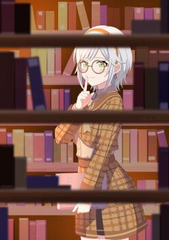 1girl absurdres bespectacled blurry blurry_foreground blush book bookshelf brooch brown-framed_eyewear brown_jacket brown_neckerchief brown_shirt brown_skirt closed_mouth commentary cowboy_shot cropped_jacket earrings english_commentary finger_to_mouth from_side glasses green_eyes grey_hair hair_flaps hairband happy_enjoy_music!_(project_sekai) high_collar highres hinomori_shiho holding holding_book index_finger_raised indoors ja_10032 jacket jewelry library long_sleeves looking_at_viewer neckerchief official_alternate_costume plaid_clothes plaid_jacket plaid_skirt project_sekai round_eyewear shirt shirt_tucked_in short_hair shushing sidelocks skirt smile solo standing swept_bangs turning_head